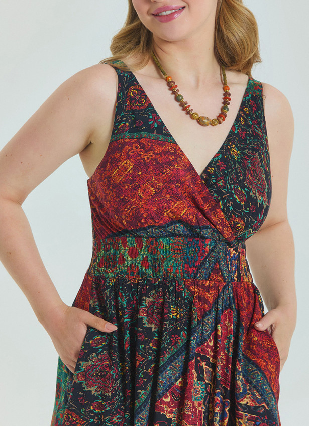V Neck Robe Black Patterned Plus Size Dress 4585